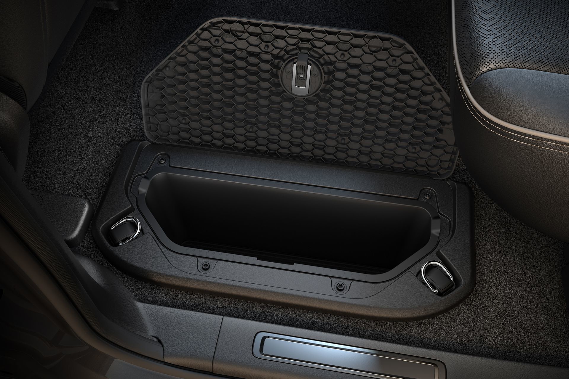 The in-floor storage bin of the 2019 Ram 1500