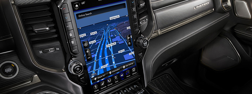 2019 Ram 1500 dark interior largest available touchscreen media centre