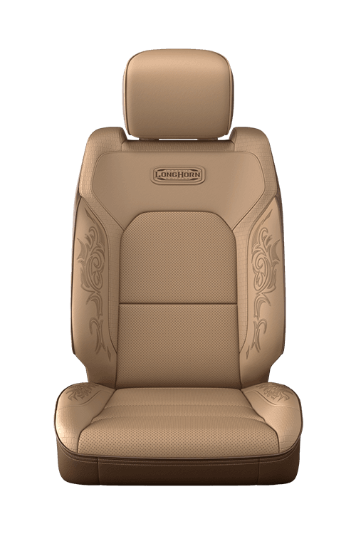 Premium leather with perforated inserts and laser etching – Light Mountain Brown with accent stitching and piping