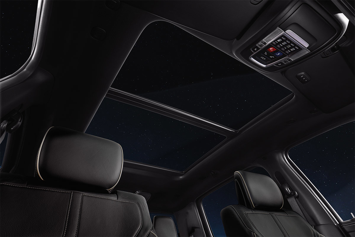 Sunroof of a 2020 Ram 1500 from the perspective of the interior.