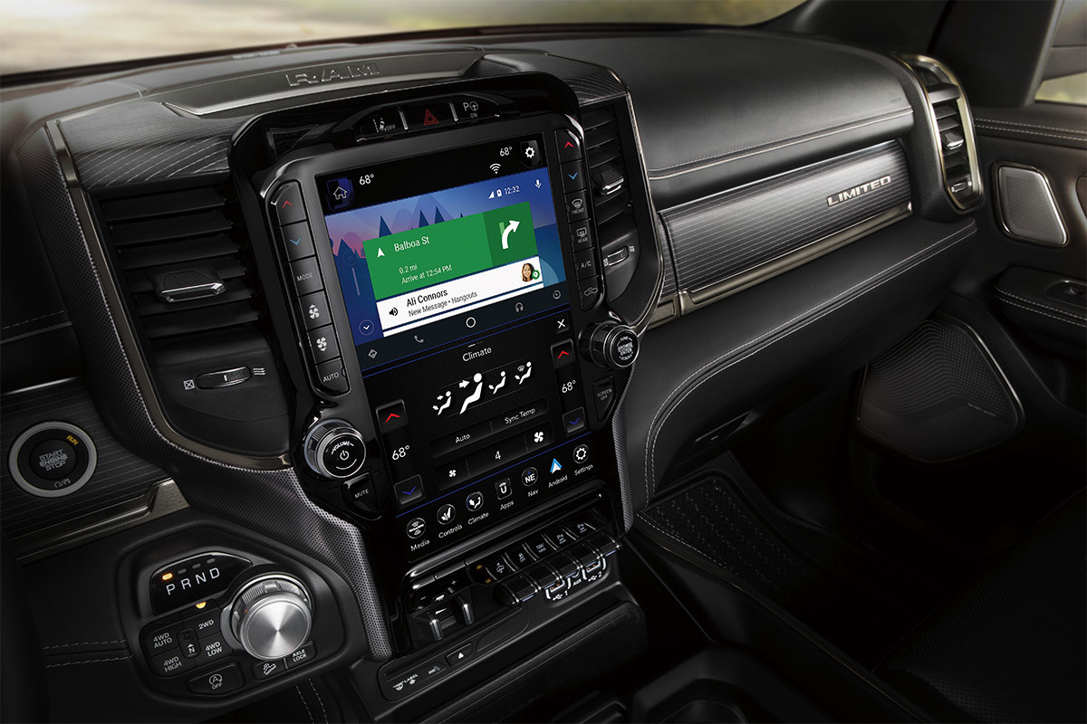 12-inch touchscreen displaying the Android Auto and Apple CarPlay for the 2020 Ram 1500
