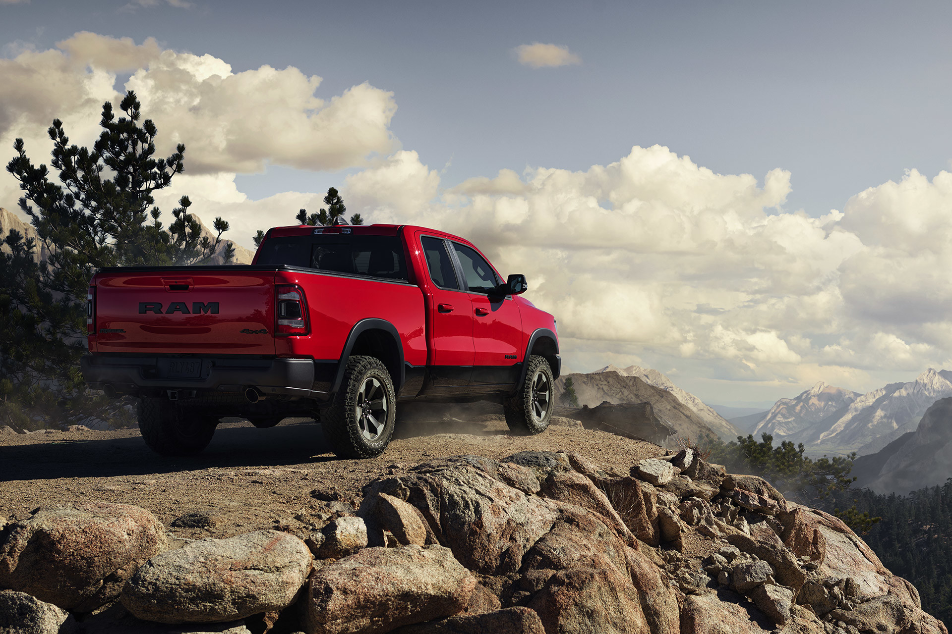 Red 2020 Ram 1500 parked on top of a mountain