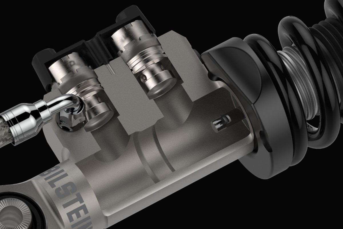 Close-up view of the shock absorbers in the Bilstein shock.
