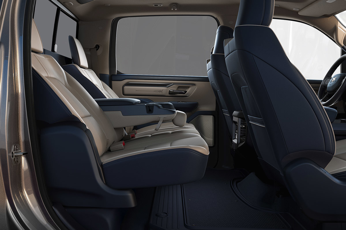 Side view of the Class-Exclusive reclining rear seat, available on 2021 Ram 1500 Crew Cab models.