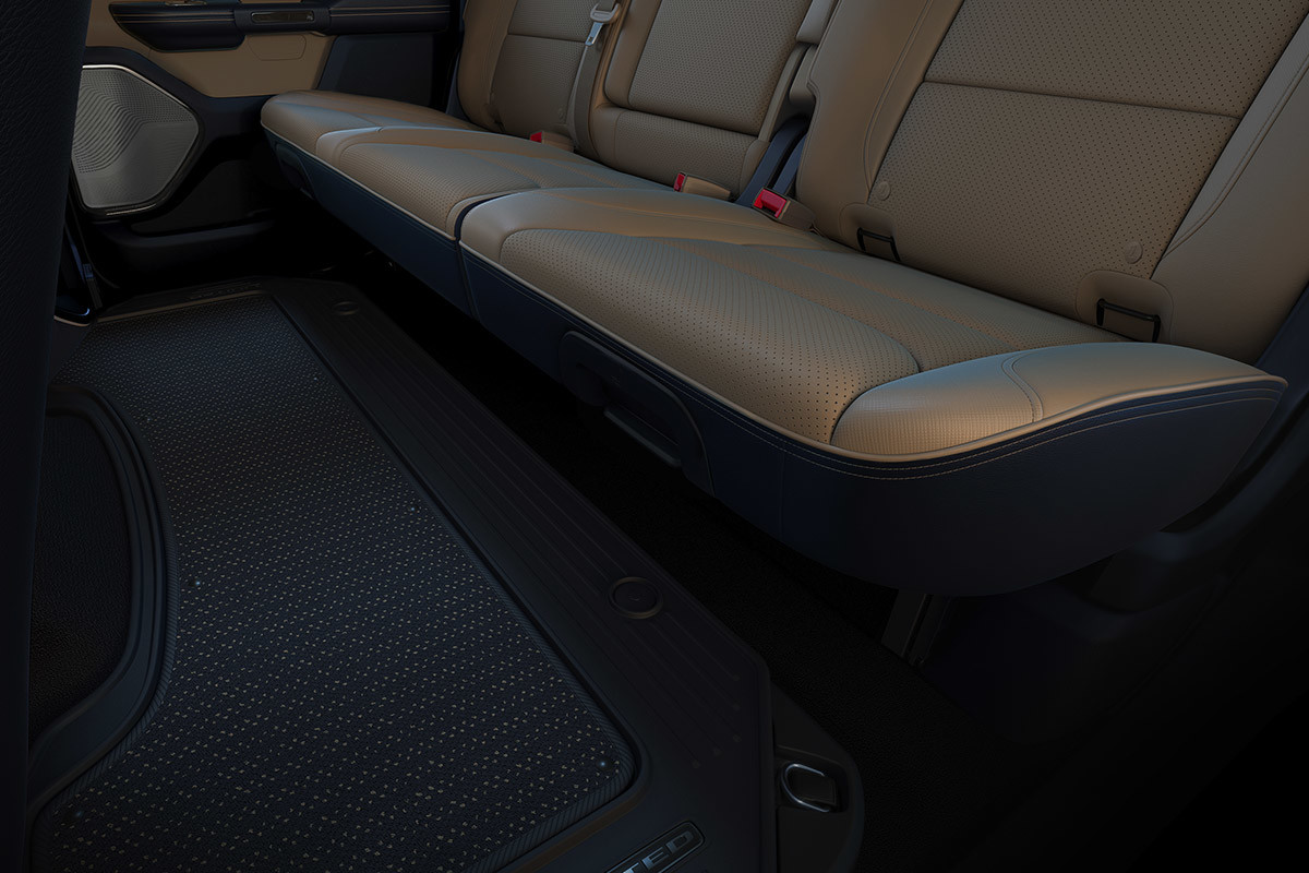 Rear seat of a 2021 Ram 1500, highlighting Best-in-Class legroom.