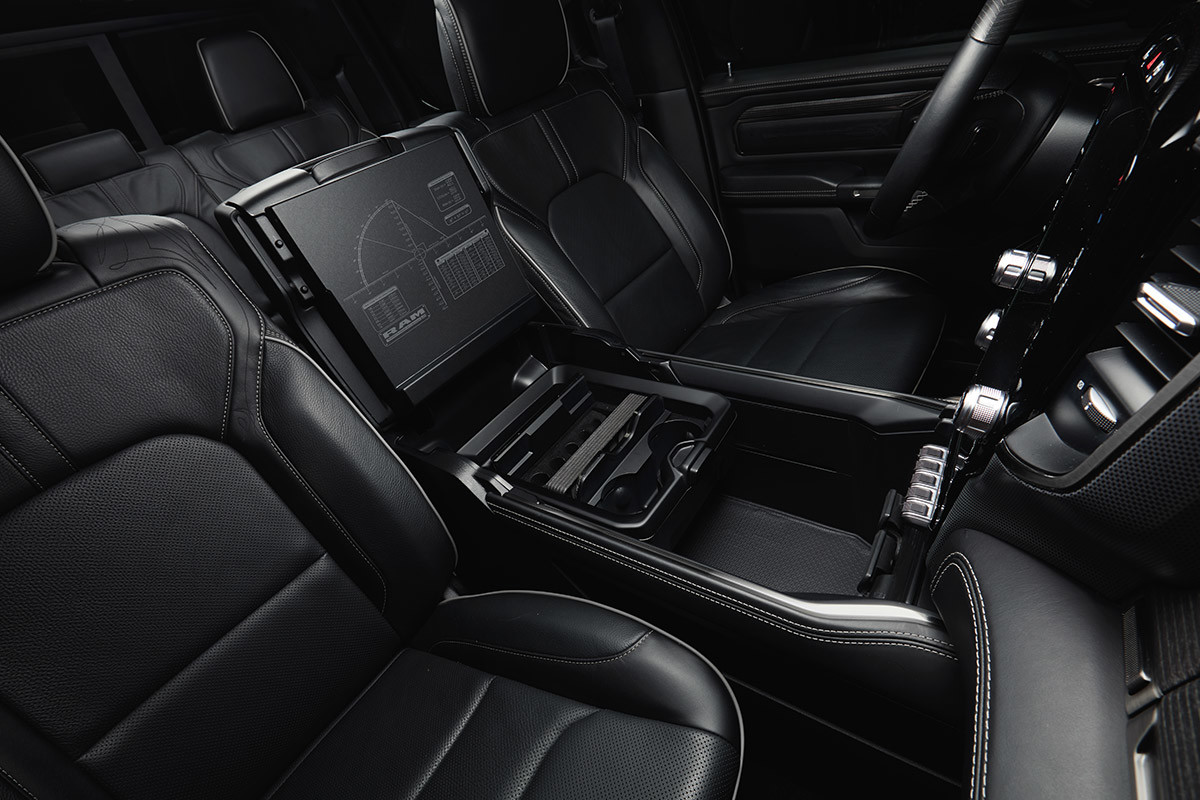Close up of the reconfigurable centre console in open position.