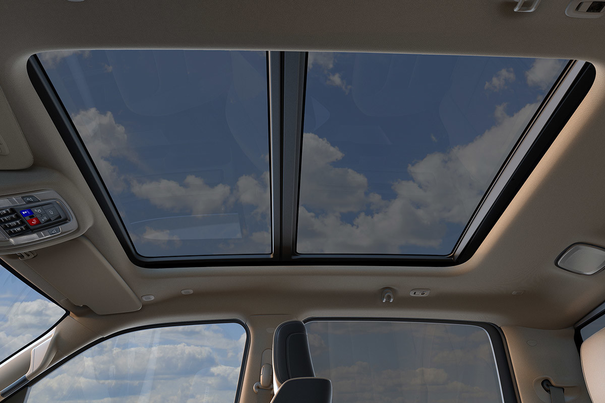 Interior view of the 2021 Ram 1500 emphasizing the available dual-pane power sunroof.