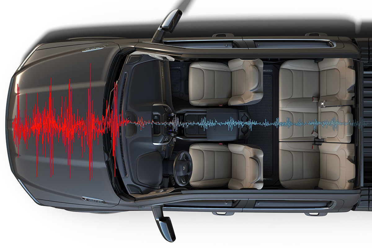 Cutaway view of the 2021 Ram 1500 with a graphic representation of sound waves that are quieter inside the cabin.