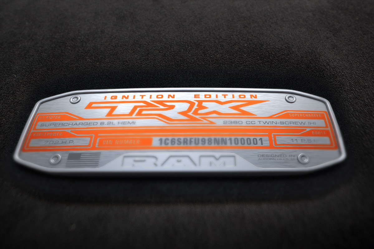 Close up view of the interior TRX badge found on the centre console.
