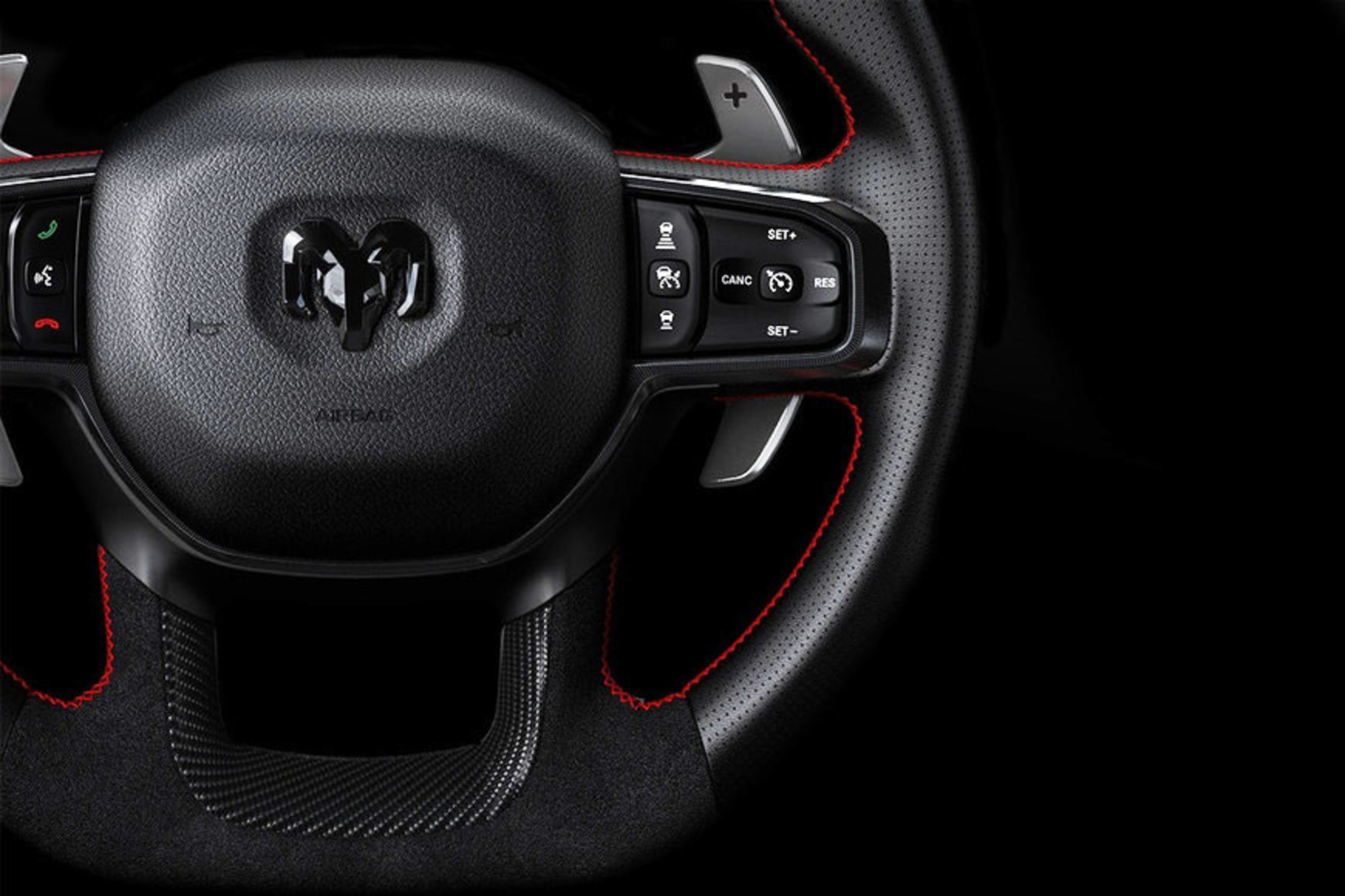Close-up view of the TRX flat-bottom steering wheel.
