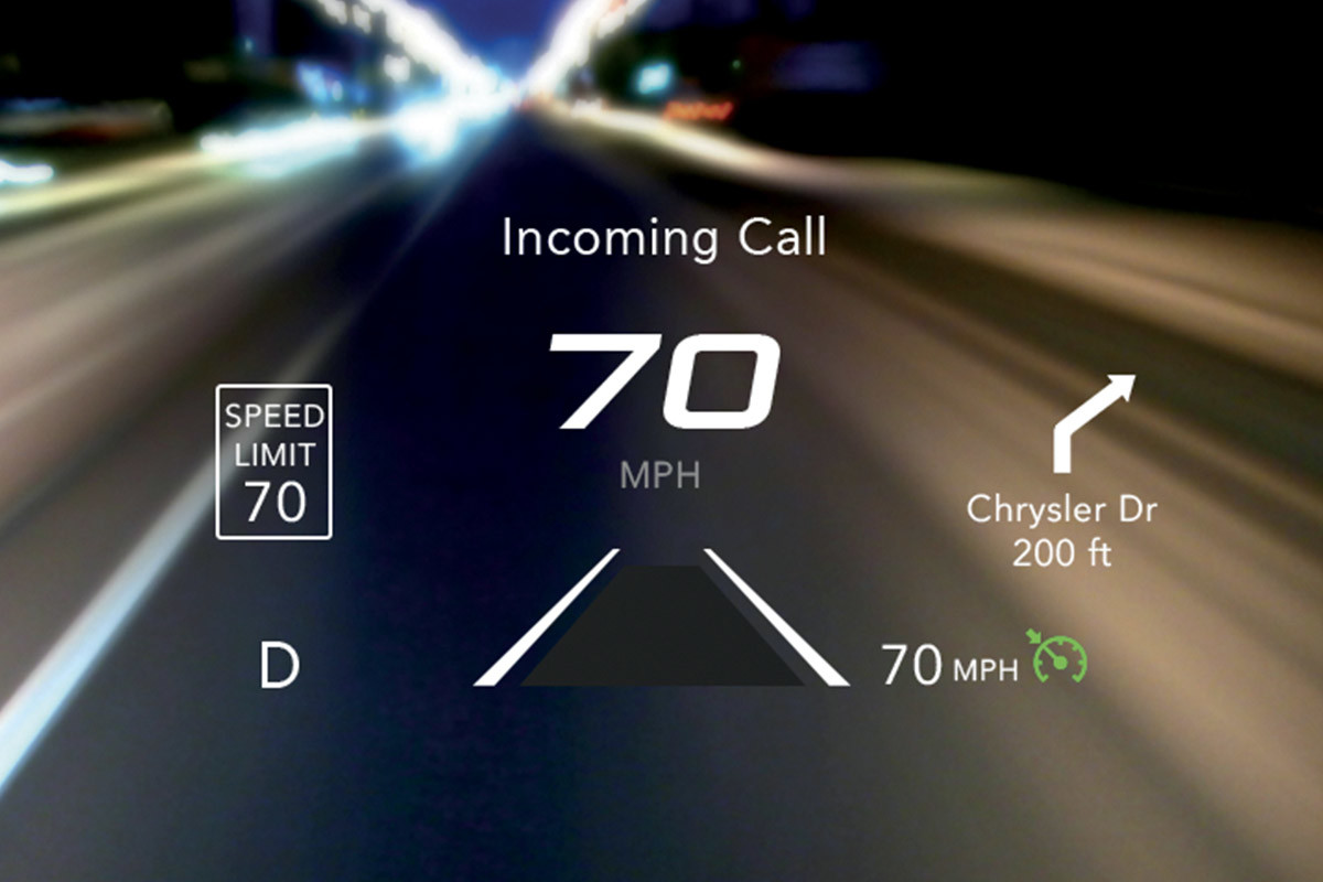 2022 Ram 1500 DT with heads up display turned on in the city