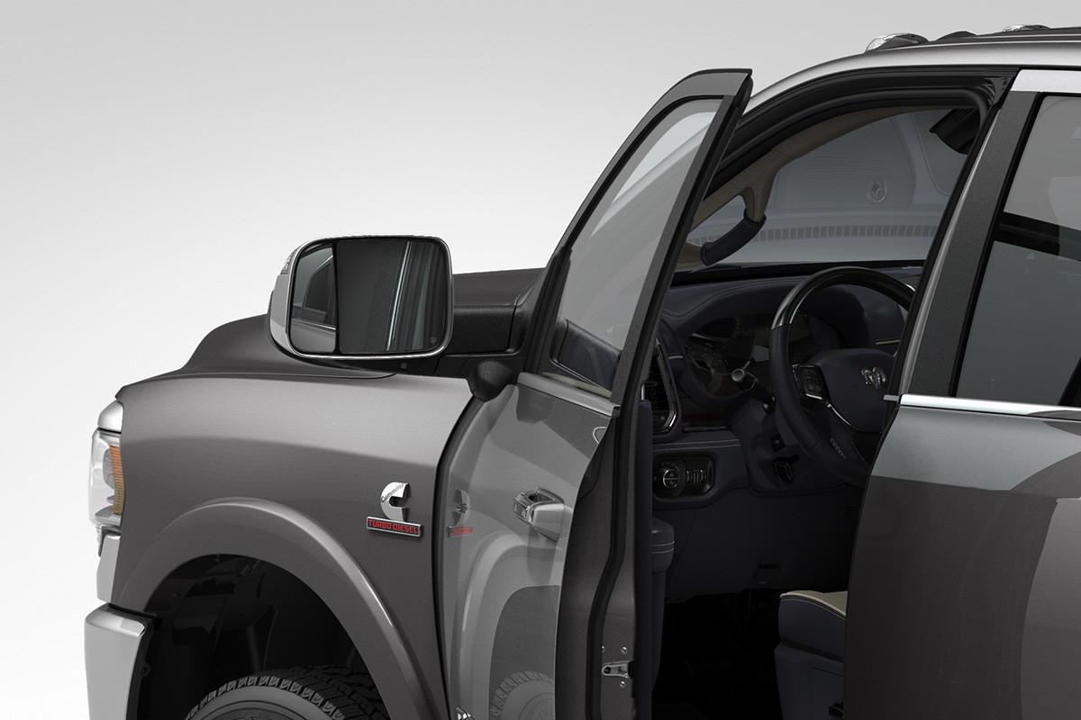 Side view of the new 2019 Ram 2500 driver side door and side mirror