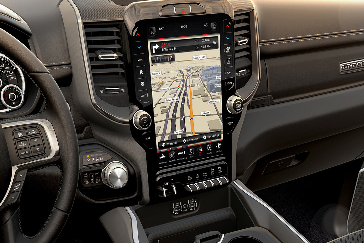 Close up of the new 2019 Ram 2500's Uconnect 4C and 4C Nav multimedia systems