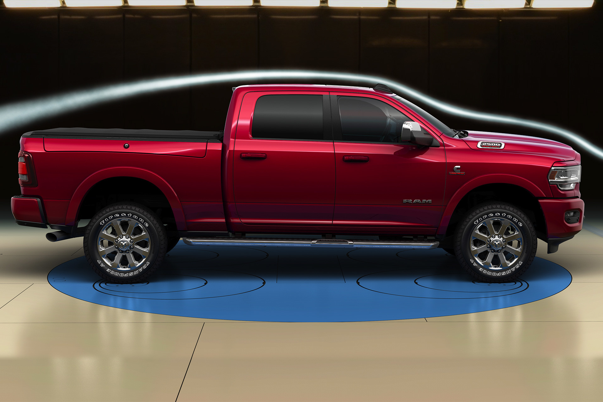 Front view of the new 2019 Ram 2500 white being driven on a road