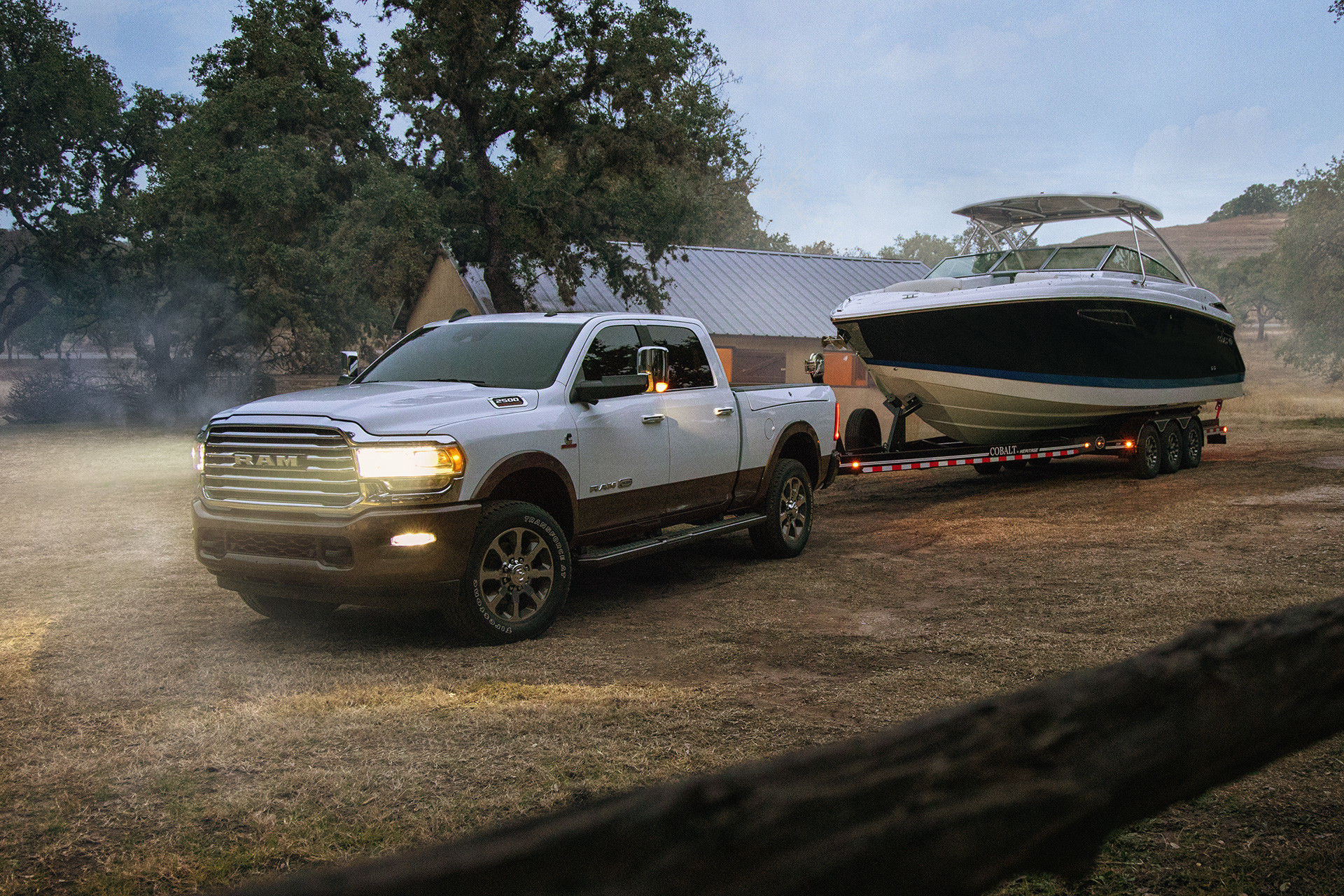 Front view of the new 2019 Ram 2500 white being driven on a road