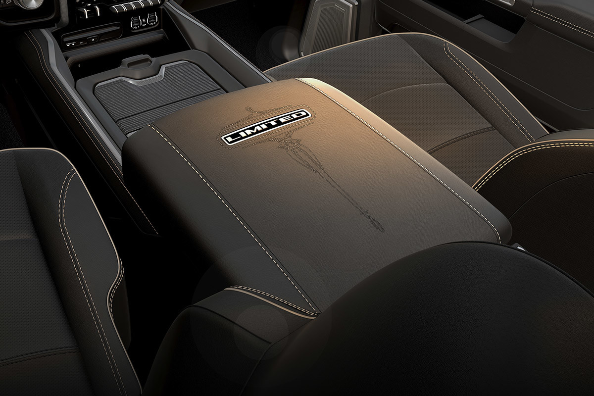 Centre console of the 2020 Ram 2500 showing 12inch touchscreen navigation