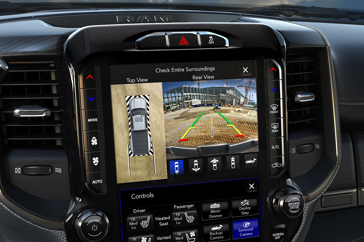 12 inch full colour touch screen of the 2020 Ram 2500 showing 360 surround view camera on the screen