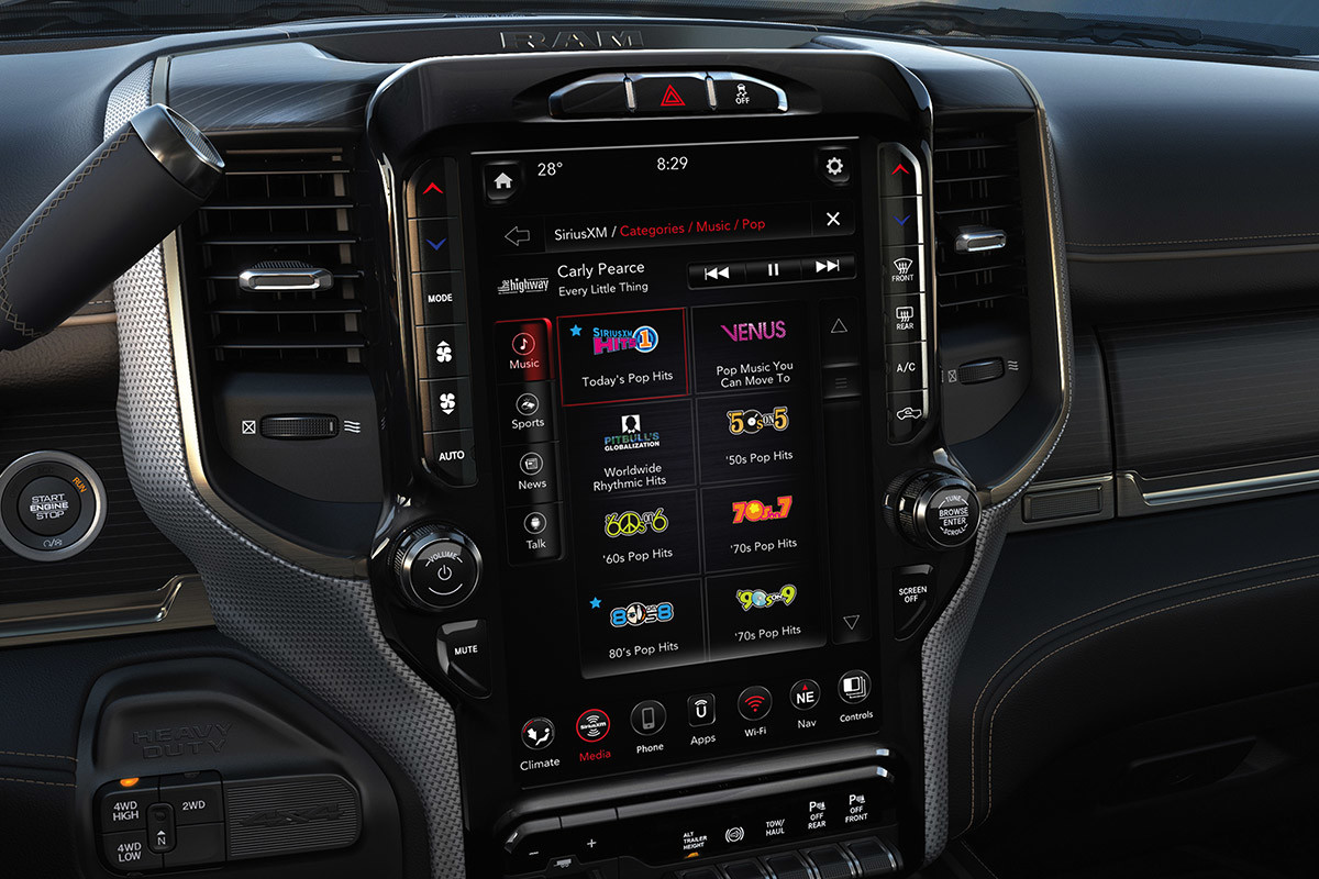8.4 inch Uconnect 4C screen of the 2020 Ram 2500 showing 4C navigation on the screen
