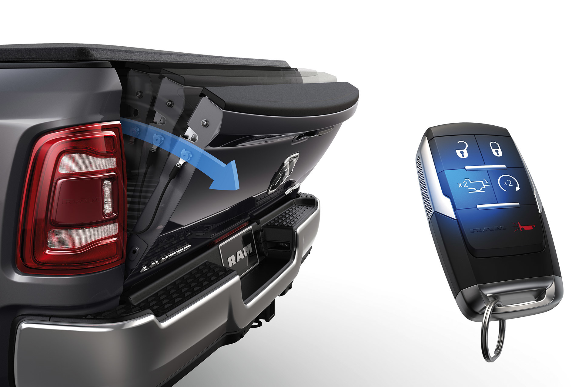 The 2020 Ram 2500 tailgate and a smart car key highlighting its remote access