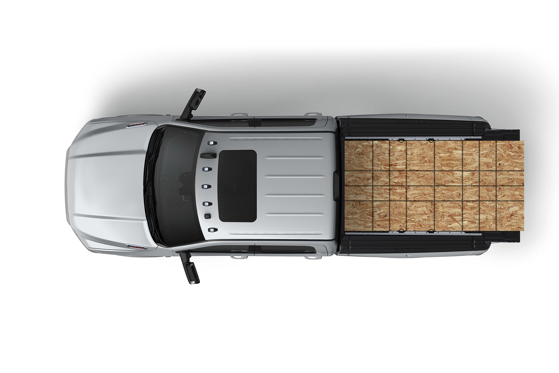 Birds eye view of the 2020 Ram 2500 highlighting its cargo capacity with lumbers at the trunk