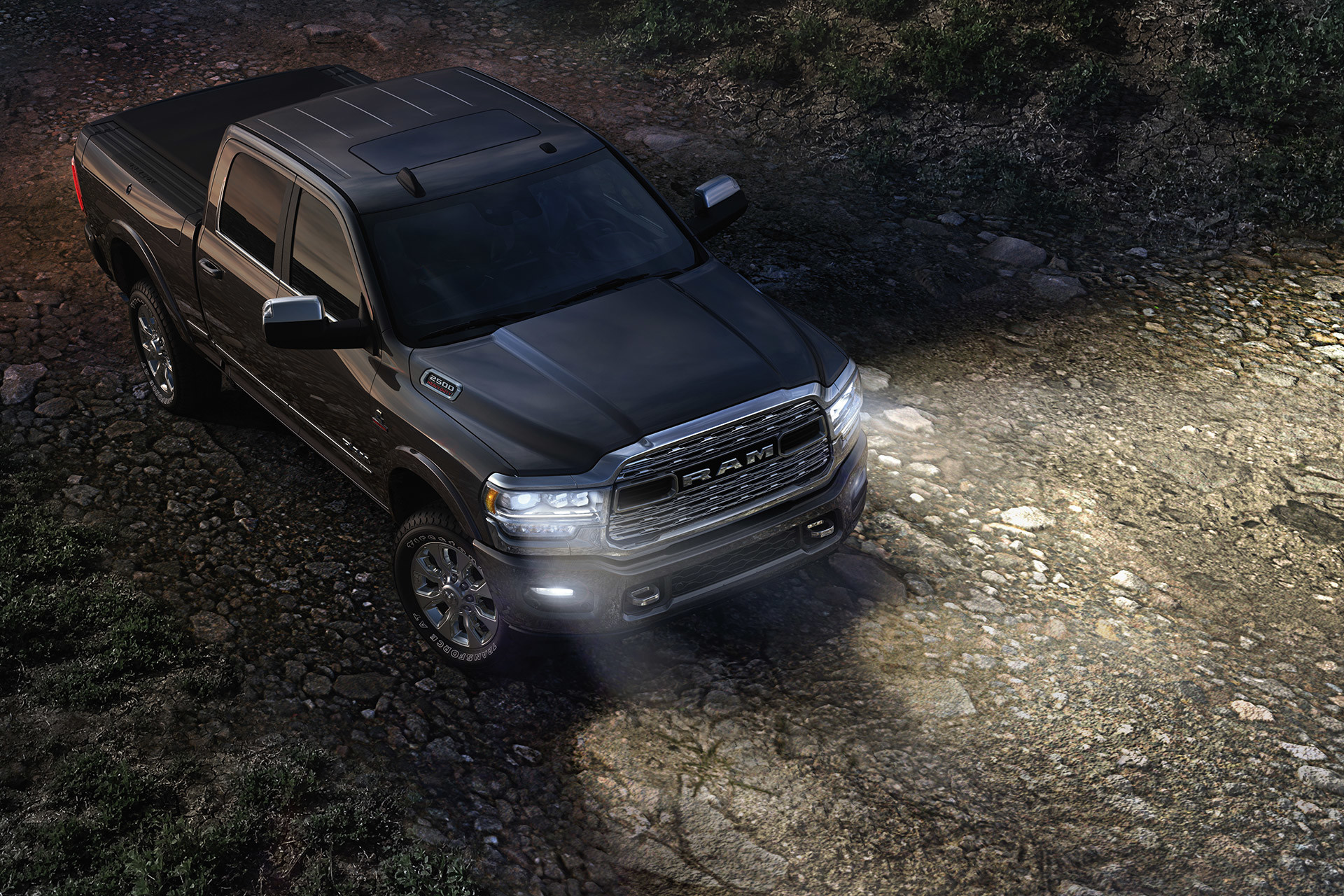 Birds eye view of the 2020 Ram 2500 parked outdoors with the light on at night