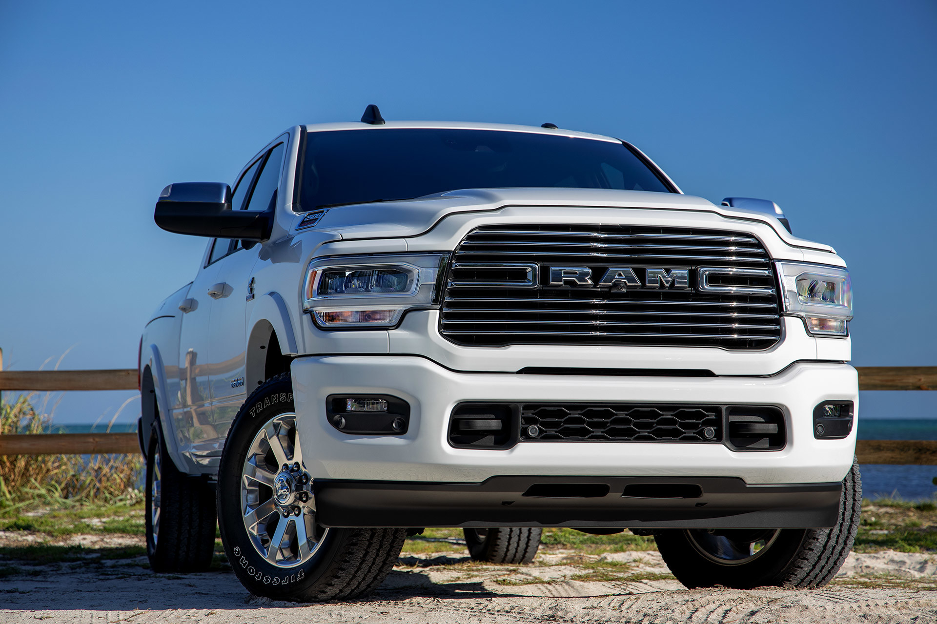 Front view of the 2020 Ram 2500 parked outdoors near the sea