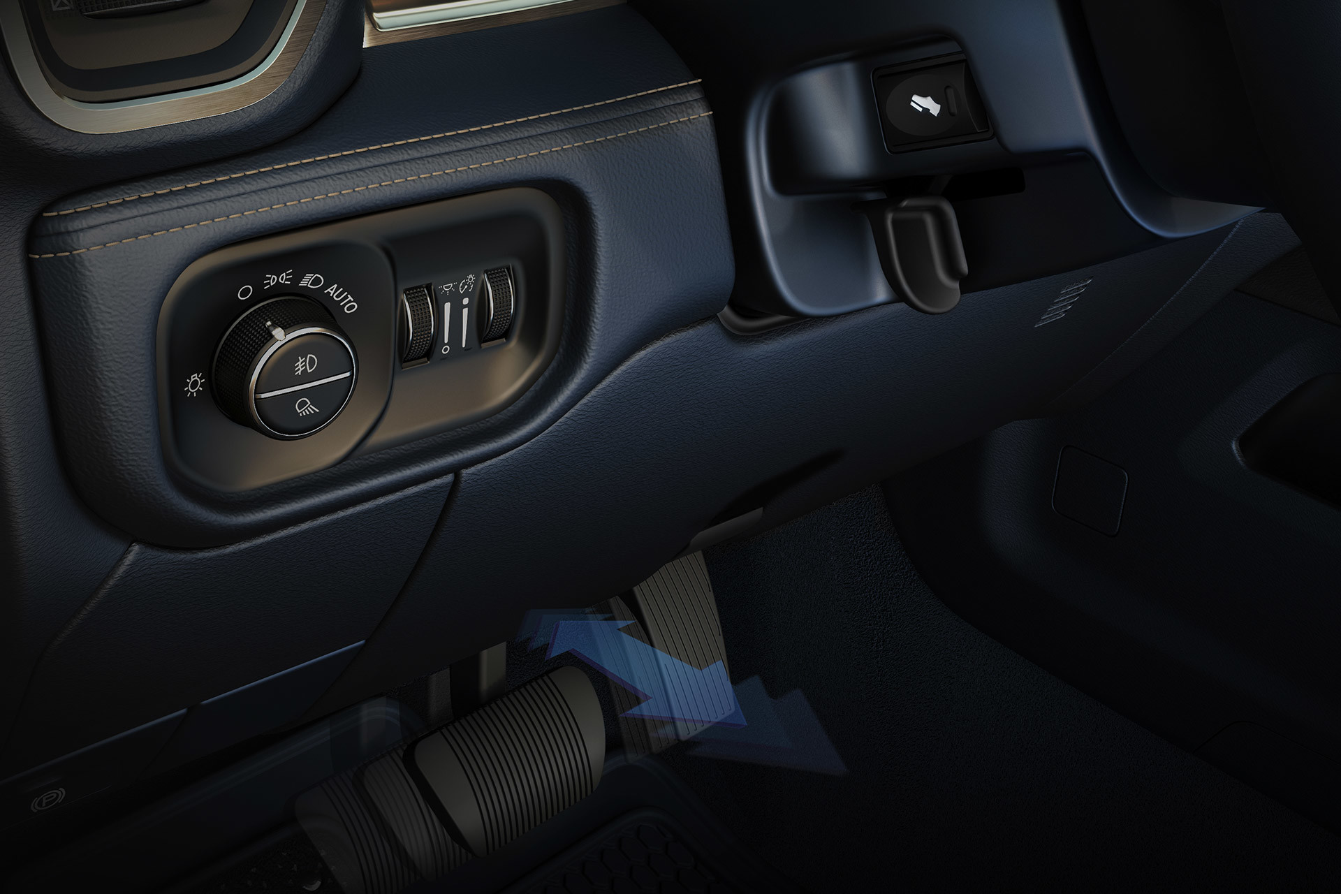 Headlight configure button and steering wheel adjust button of the 2020 Ram 2500