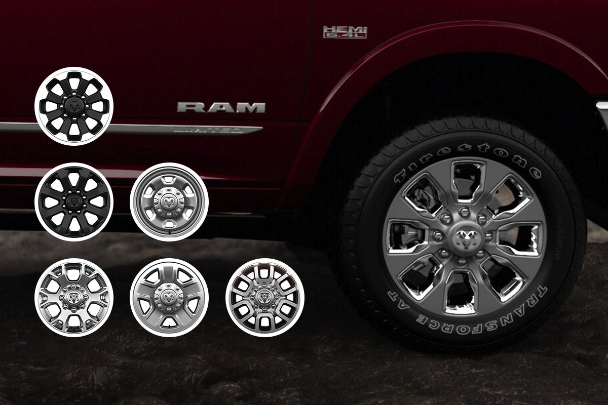 Roues lisses et durables Vue latérale d’un Ram 2500 rouge stationné dans un terrain dégagé avec des montagnes en arrière-plan.