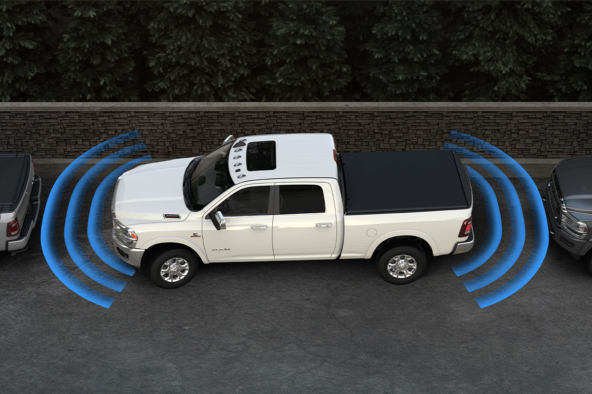 The Park-Sense Front and Rear Park Assist function of a 2022 Ram 2500.