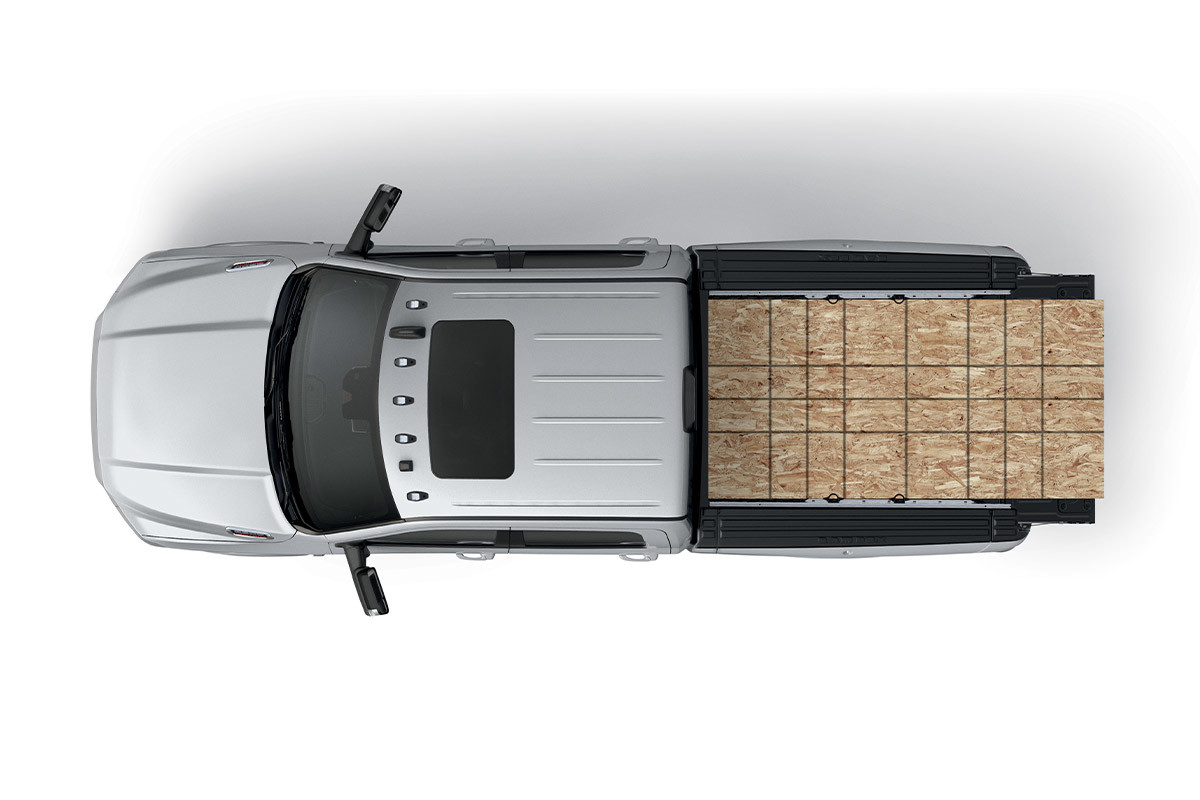 A bird’s eye view of a 2022 Ram 2500, with wood stored on its truck bed.