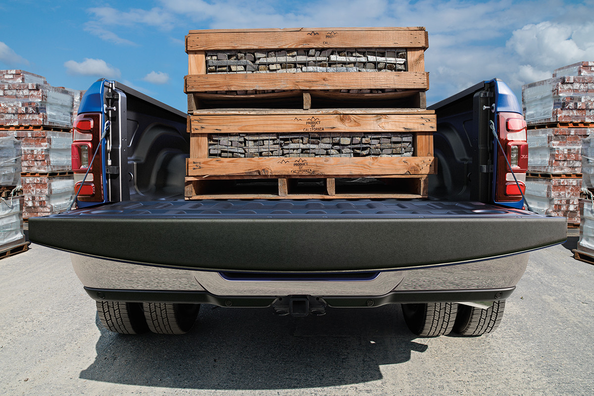 2019 Ram 3500 exterior truck bed loaded with stone.