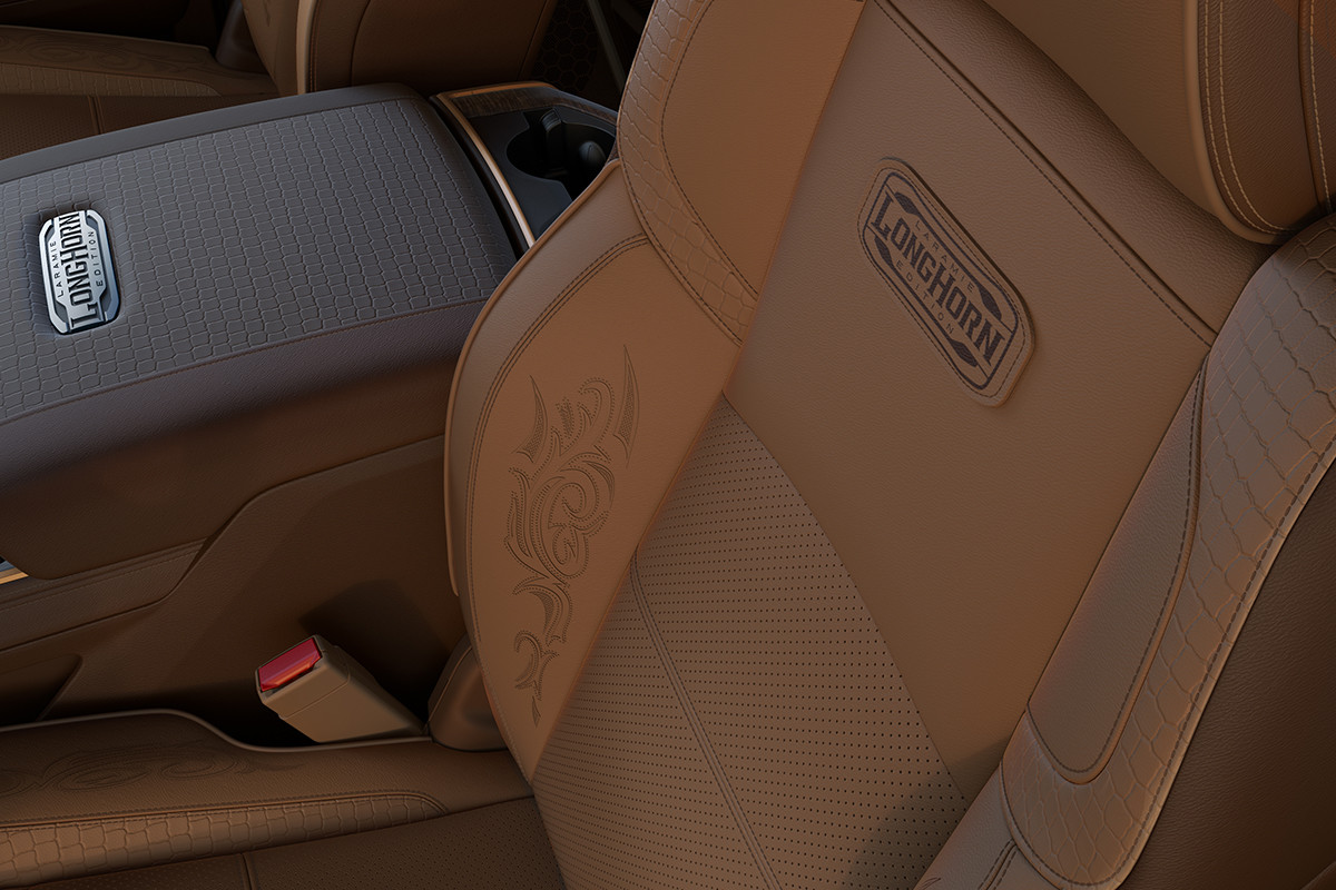 Cabine du Ram 3500 2019 montrant les configurations luxueuses de sièges du modèle Longhorn.