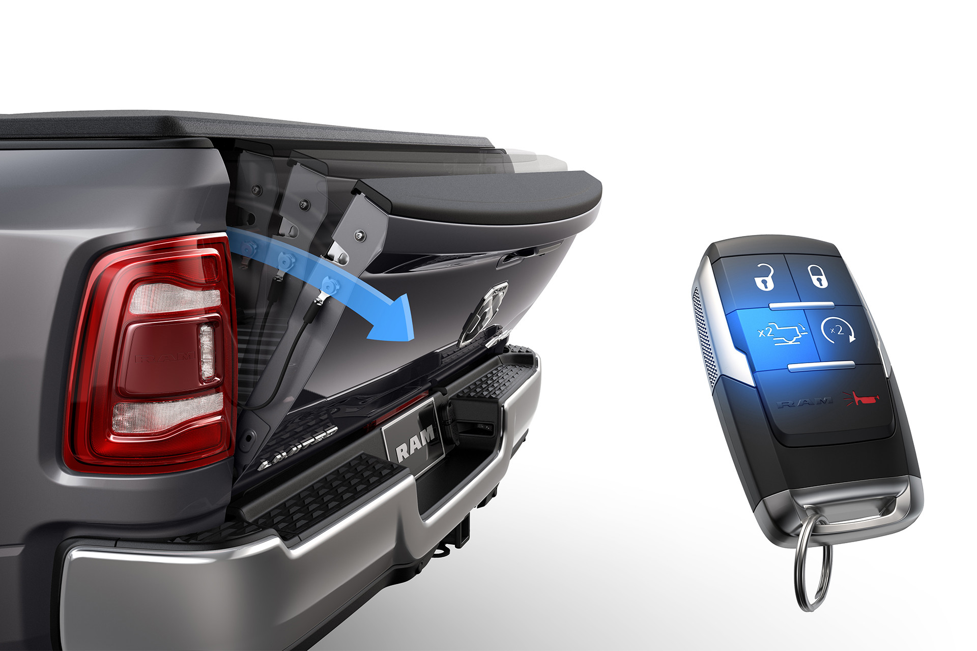Extérieur du Ram 3500 2019 montrant le hayon à commande à distance livrable en option.