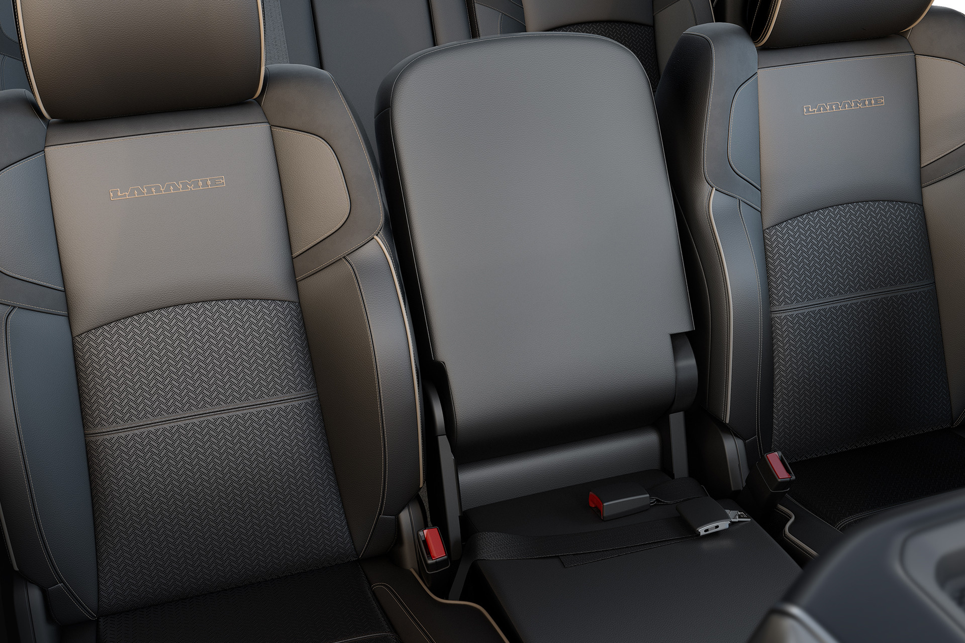 2019 Ram 3500 Laramie interior in leather with bench console folded up.