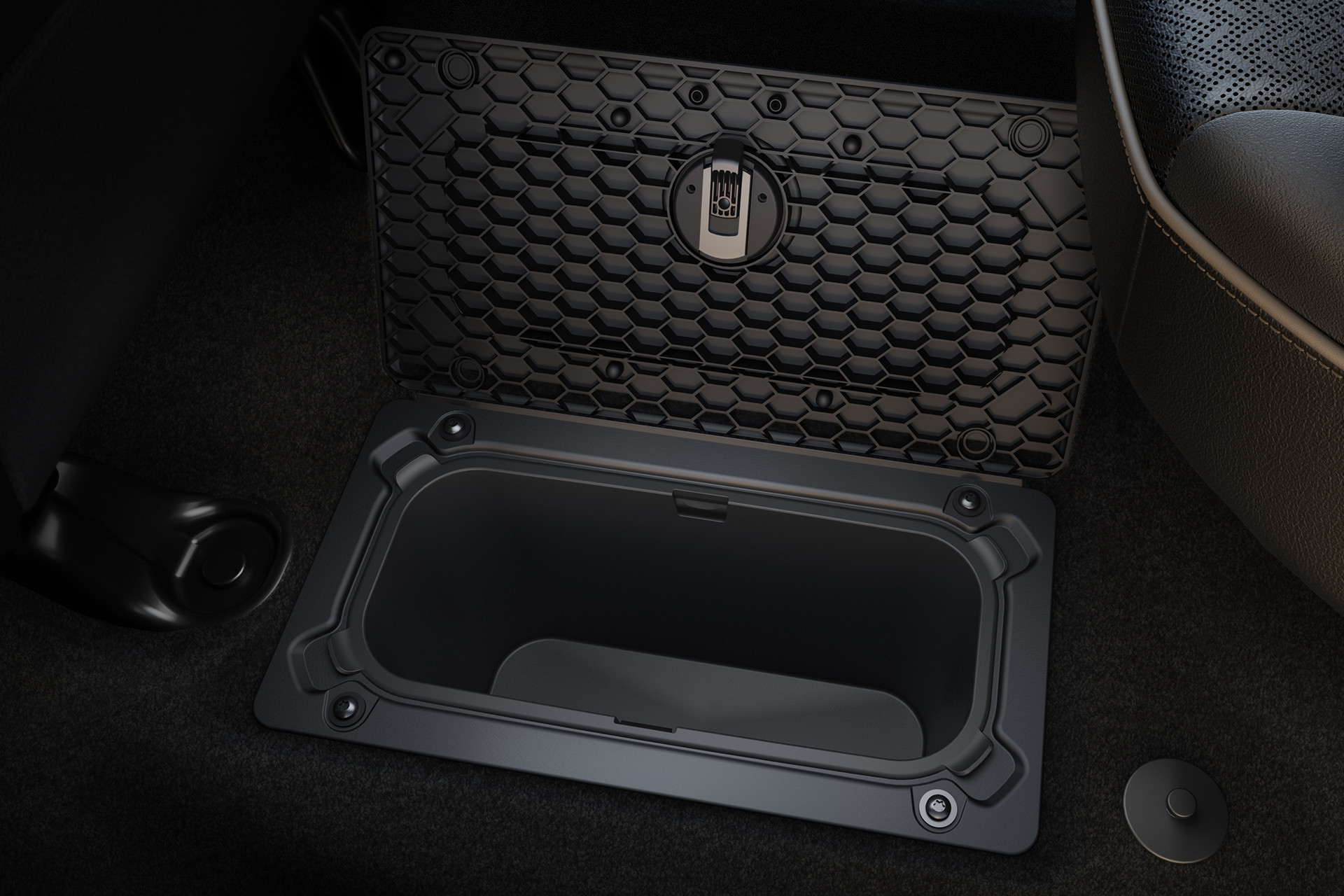 2019 Ram 3500 interior showing in floor storage.