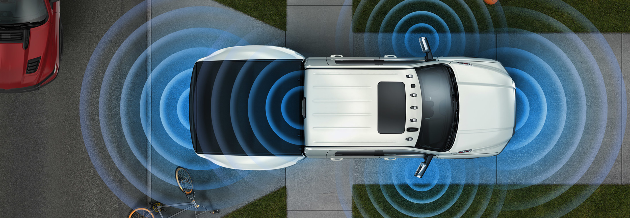 Top view of a RAM 3500 displaying its parking sensor technology