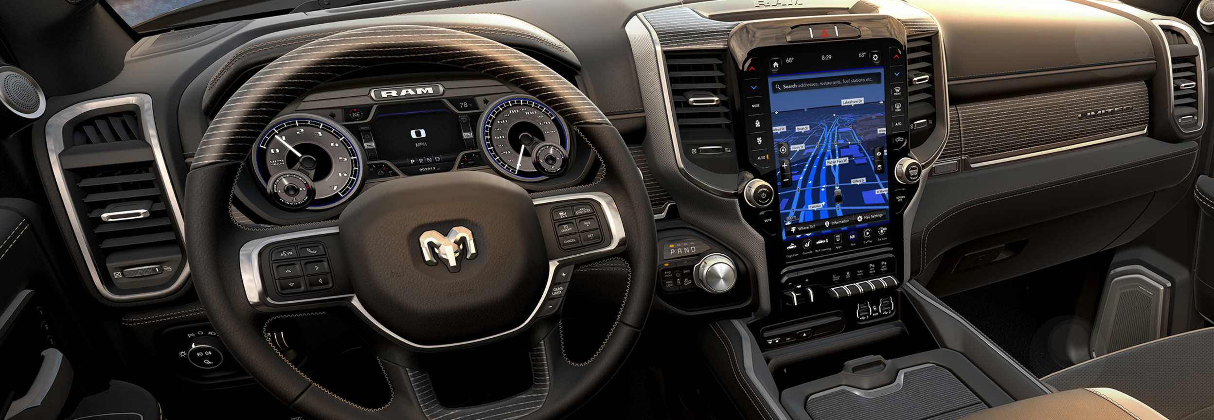 Interior view of a RAM 3500 including the steering wheel and navigation system