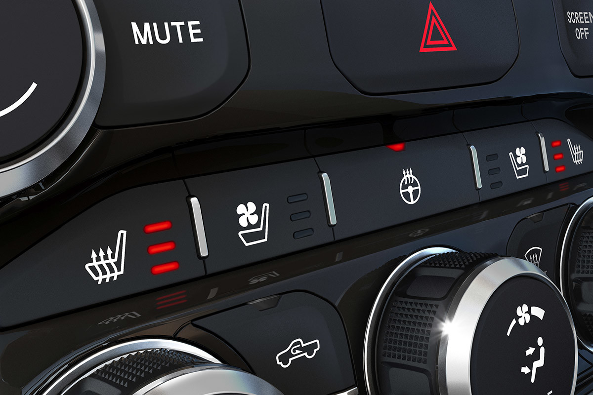 Climate control center of a Ram 3500.