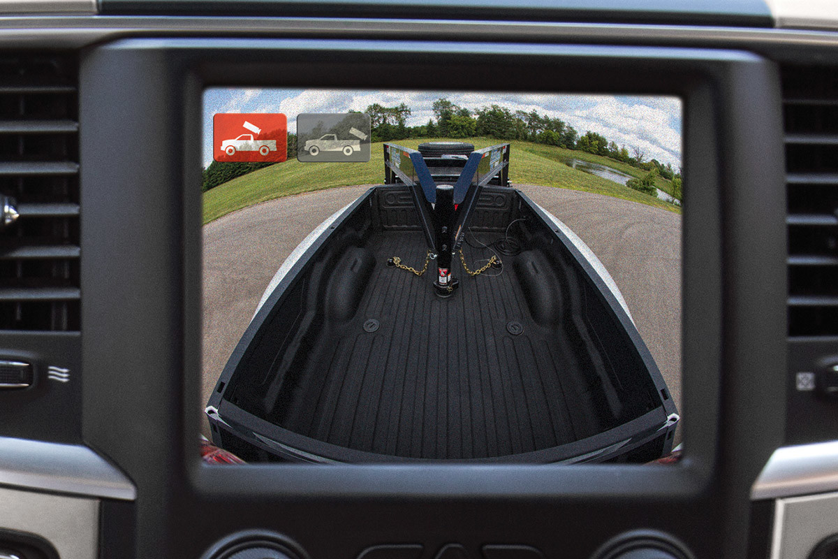 Touchscreen of a 2020 Ram 3500 displaying the cargo view.