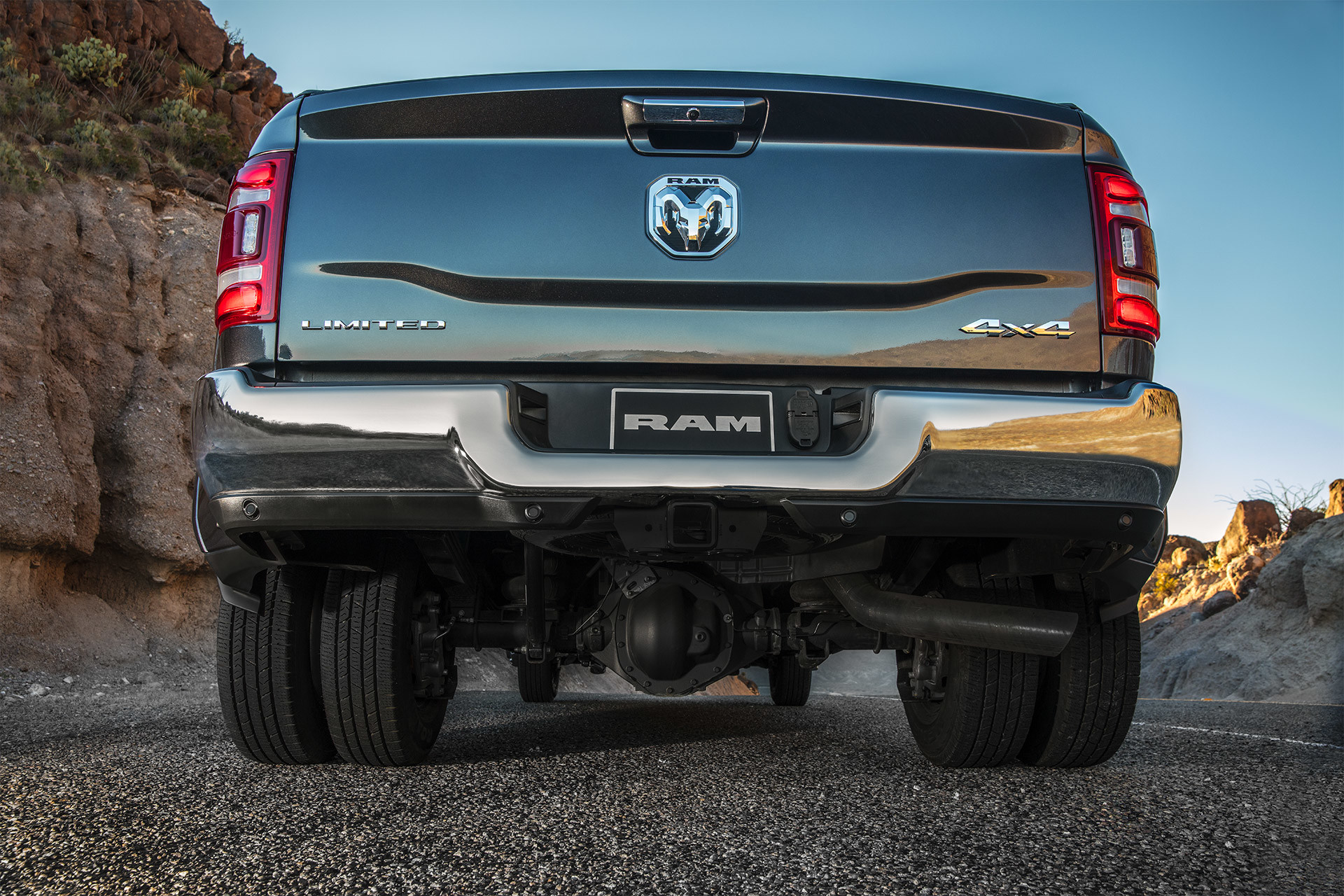 Back of a black 2020 Ram 3500.