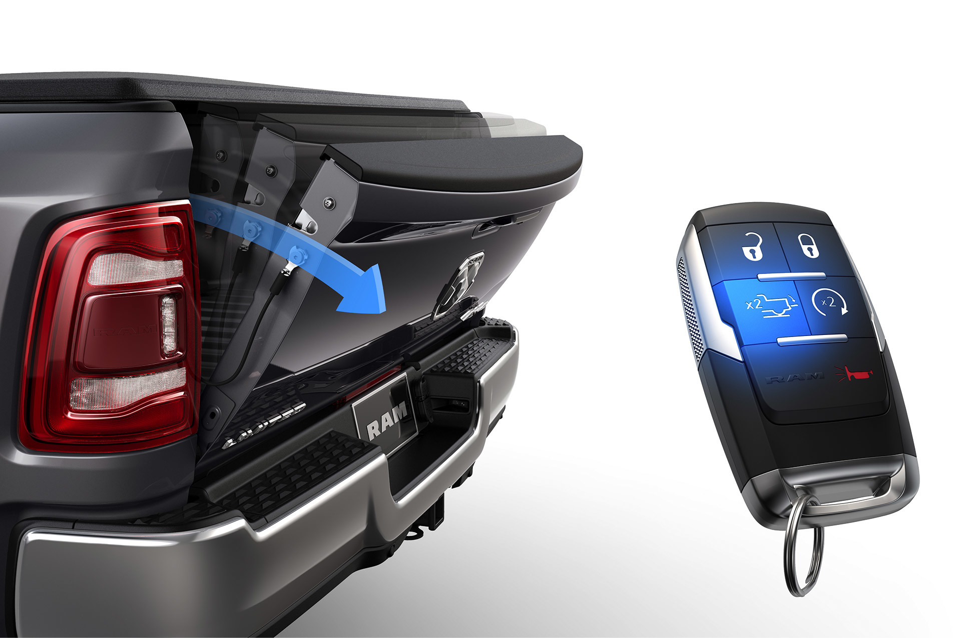 Grey 2020 Ram 3500 with its tailgate opening via key-fob control.