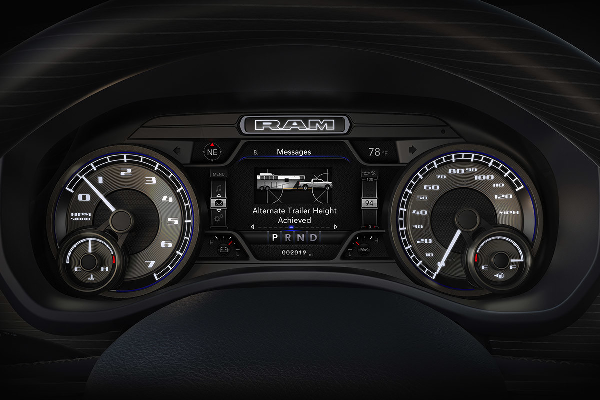 A close-up of the available 7-inch full-colour Digital Cluster Display inside the 2021 Ram 3500.