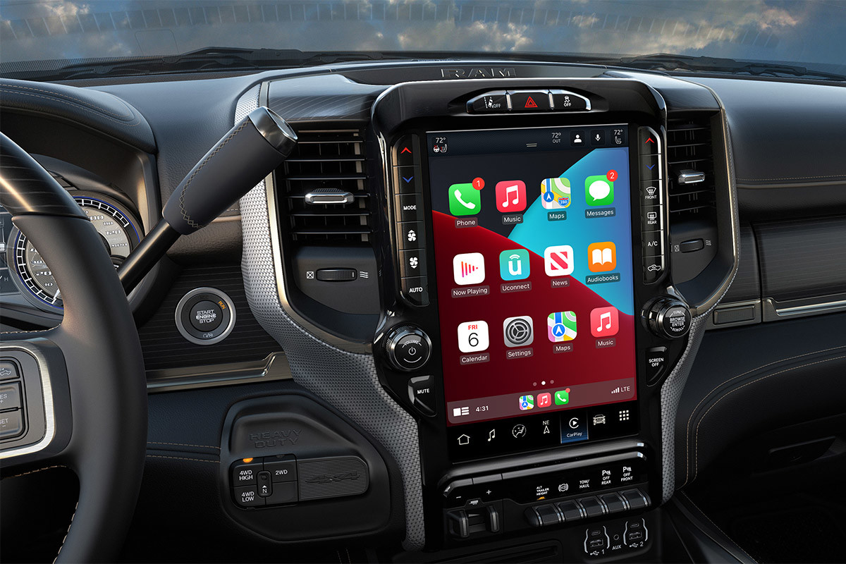 Close up of the UConnect 5 system’s Carplay feature in the 2022 Ram 3500