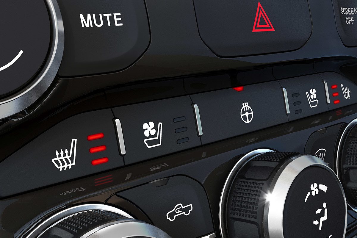 Heated, ventilated seat and heated steering wheel button of the 2020 Ram Chassis Cab