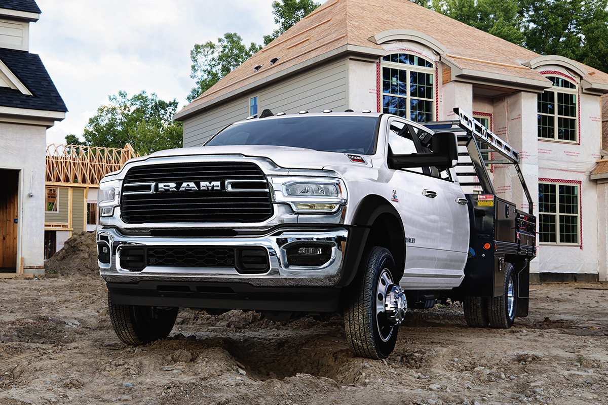 The white 2020 Ram Chassis Cab parked in house construction site during daytime