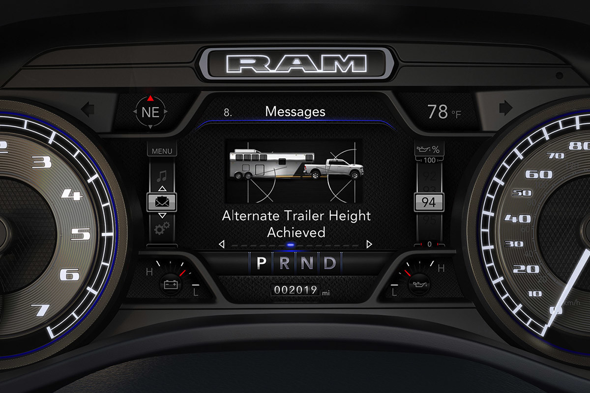 A close-up of a full-colour map displayed on the Uconnect touchscreen inside a 2021 Ram Chassis Cab.