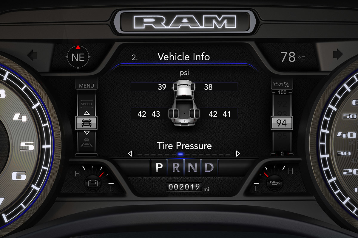 A close-up of the two available tire pressure monitoring systems offered on the customizable in-cluster display of the 2021 Ram Chassis Cab.