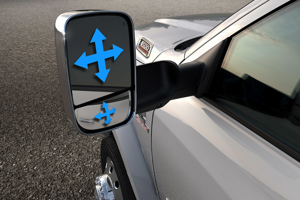 Integrated 7x11-inch trailer tow mirrors and 7-pin trailer wiring harness of the 2020 Ram Chassis Cab