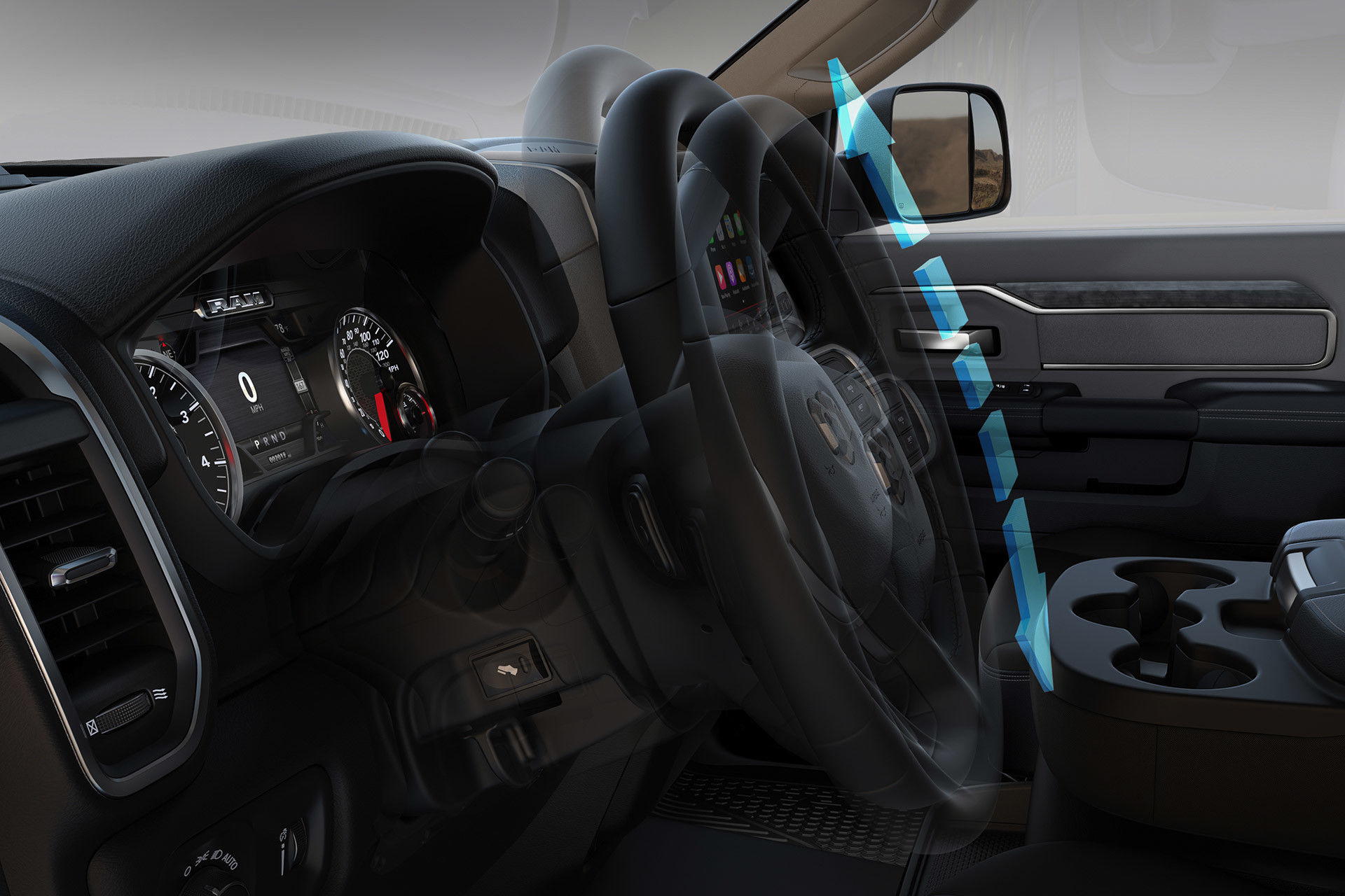 Vue latérale du volant du châssis-cabine Ram 2020