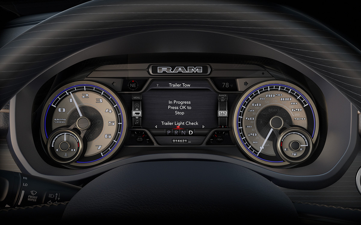 A close-up of the available Trailer Light Check Display inside the 2021 Ram Chassis Cab.